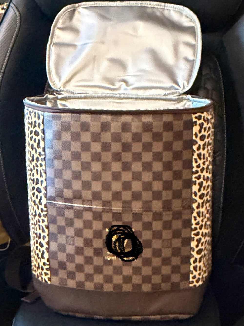 Brown Checkered Travel Cooler Backpack with Leopard Trim